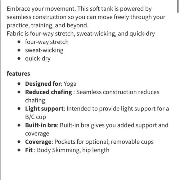 Lululemon Ebb to street tank ll SZ 6
Figue. Four way stretch.
Yoga
Athletic wear - Picture 4 of 16